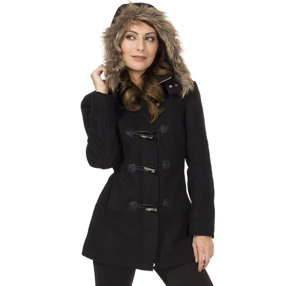 Alpine Swiss Duffy Womens Hooded Parka Fur Trim Wool Coat Toggle Button Jacket S